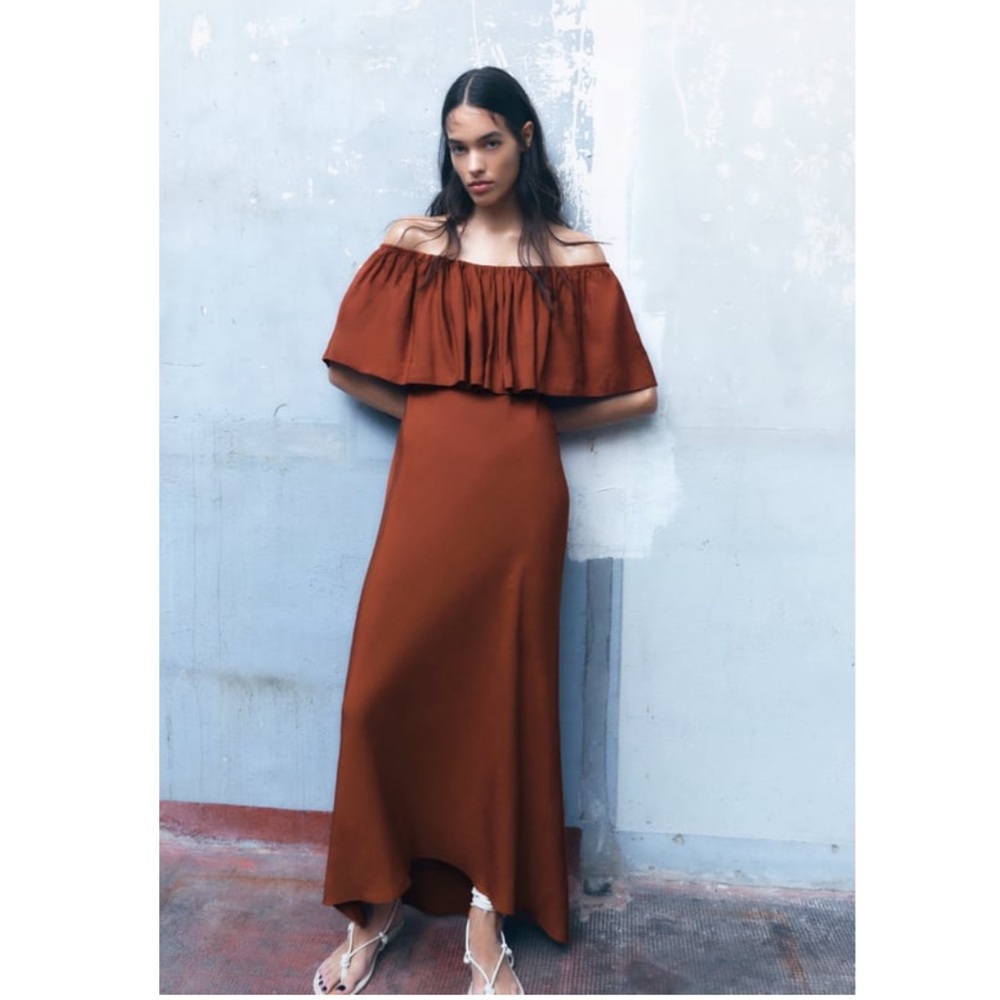 Zara Ruffled linen blend off the shoulder dress